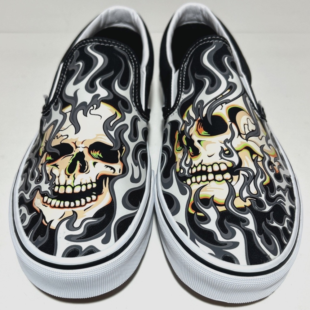 VANS Men’s Slip On Flame Skull Mens Black White Tattoo Art Sneakers - Picture 7 of 16